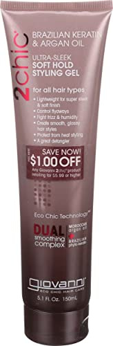 GIOVANNI 2chic Ultra-Sleek Soft Hold Hair Styling Gel, 5.1 oz. - Brazilian Keratin & Argan Oil, Glossy Finish, Enriched with Jojoba, Aloe, Coconut, Pro-Vitamin B-5, Paraben Free, Color Safe
