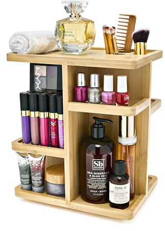 Sorbus 360° Makeup Organizer - Bamboo Wood Make Up Storage Carousel for Cosmetics, Skin Care Rotating Makeup Organizer for Vanity, Bathroom Storage