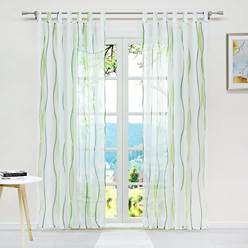 ESLIR Gardiner med öglor gardiner gardiner voile grön 140 x 175 | Transparent, fönsterhalsduk, 1 styck, slinghalsduk, fönstergardiner, vardagsrum, fönster, vågmönster, modern