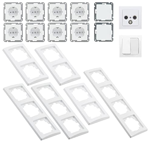 Delphi Steckdosen Schalter Set Wohnzimmer Lichtschalter mit Steckdose TV Antenne Unterputz Einbau Weiß