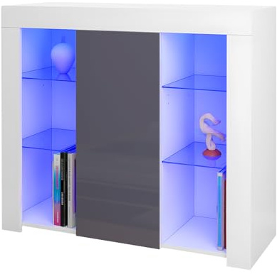 Panana Sideboard Cupboard Unit 4 Glass Shelves Cabinet RGB LED Lighted (Gray)