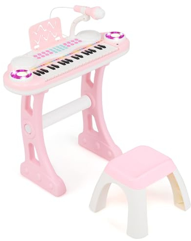 COSTWAY Piano Numérique à 37 Touches Enfants avec Tabouret & Microphone Réglable, Clavier Electronique avec Haut-Parleurs & Lumière, Enregistrement et Lecture, Charge 100kg pour 18 Mois+