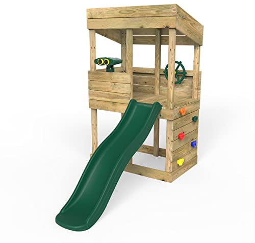 Rebo® Children's Wooden Lookout Tower Playhouse with 6ft Slide | OutdoorToys | Lookout Tower, Slide, Climbing Wall, Steering Wheel and Binoculars - Perfect for Gardens