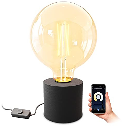 SSC-LUXon NAMBI Lampada da tavolo vintage nera con Smart WiFi E27 LED Globe Birne – Lampada da tavolo con cavo e interruttore di controllo tramite app e lingua