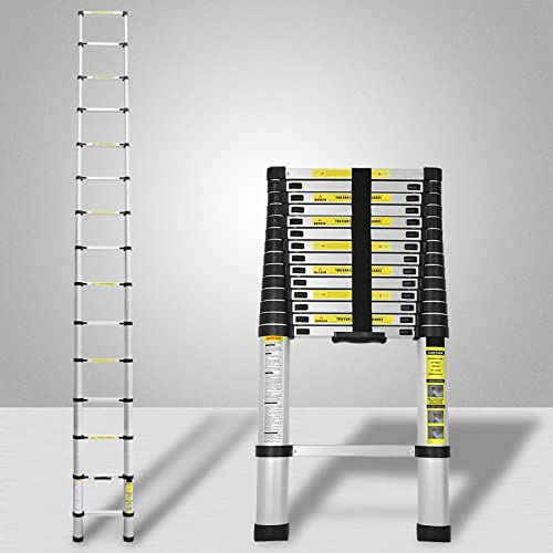 Yakimz 4,4 m teleskopstege av högkvalitativ aluminium stående stege JZ440 aluminiumstege, multifunktionsstege, teleskop utdragbar stege 150 kg lastkapacitet, bärbar stege, silver