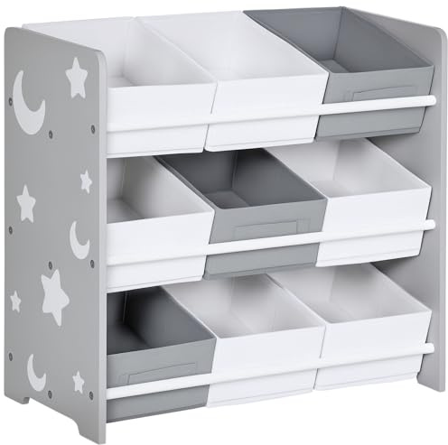 ZONEKIZ Mobile Contenitore per Bambini con 9 Cestini Rimovibili, Mobiletto Portagiochi in Legno MDF e Tessuto, 63x30x60 cm, Grigio