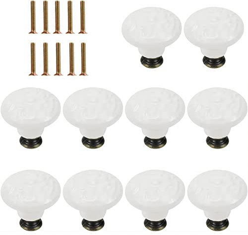 Skyzone Lot de 10 boutons de porte en céramique blanche de 34 mm, boutons de tiroir vintage en forme de champignon pour armoire, commode, tiroir, porte d'armoire