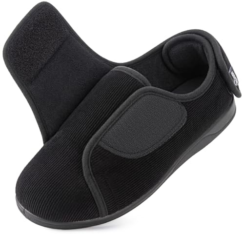 HomeTop Pantofole Uomo con Tallone Chiuso Corda Regolabili Vestibilità Larga Gancio e Occhiello Memory Foam Nero Scuro,47 EU