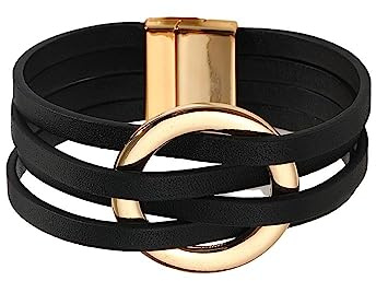 Fuqimanman2020 Circle Charm Leather Wrap Bracelet Boho Handmade Layered Cuff Bracelets for Women Bohemian Multi Strand Bangle Bracelets Holiday Jewelry Gift-black