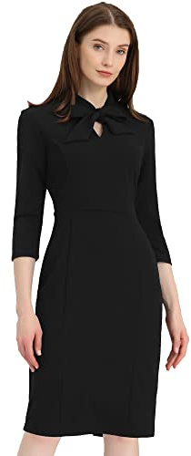 Allegra K Sheath Dresses for Women's Front Tie Neck 3/4 Sleeve Work Bodycon Dress Black L