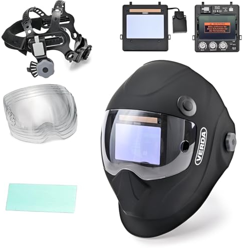 Verda Automatik Schweißhelm Real Colour und Automatische Verdunkelung + Solarzellen + 6X Vorsatzscheiben Schweißschirm mit großem Sichtfeld, für MIG MAG Wig und Lichtbogenschweißen (Bis zu DIN 16)