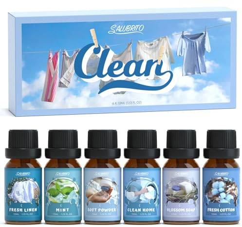 SALUBRITO Clean Fragrance Oils Set, Premium Essential Oils Set for Diffuser, Candle, Soap Making, Fresh Cotton, Clean Home, Fresh Linen, Soft Powder, Blossom Soap, Mint, Strong Scented Oils