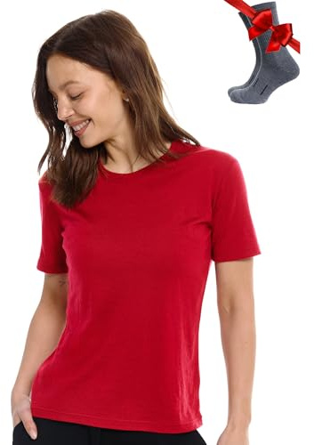Merino.tech Camiseta Lana Merino Mujer — 100% Orgánica Merino Lana Camiseta Interior Mujer con Calcetines (Medium, Cherry Red Crewneck)