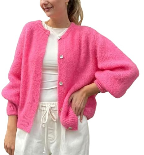 Gilet Col Rond Femme Cardigan en Tricot Court à Manches Longues Pull Veste Boutonnée Casual Vêtement d’éxtérieur Hiver Chaud (Rose Foncé, M)