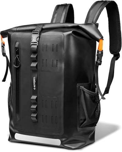 Spigen Aqua Shield vattentät ryggsäck, IPX6-klassificering, kompatibel med bärbara datorer upp till 16, ventilerande ryggpanel, mångsidig väska för resor, camping och utomhusbruk – Svart | Stor volym med flera fack och ytterfickor, optimerad förvaring för kläder och material