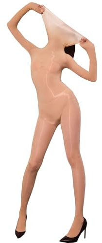 LESOYA Women's Nylon Sheer 8D Oil Shiny Bodystocking High Collar Long Sleeve Bodysuit Glossy Seamless Catsuit