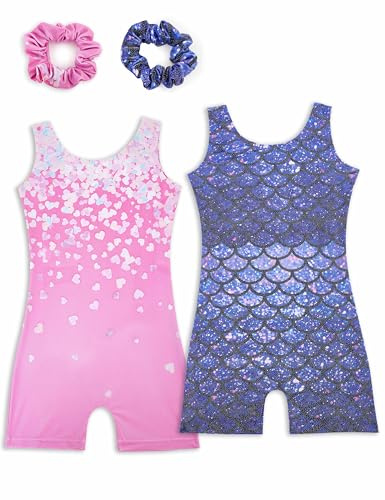 Tstiti Gymnastics Leotards for Girls 2 Pack Sparkly Kids Biketards Dance Unitards Matching Hair Scrunchies Heart Mermaids 6-7 Years