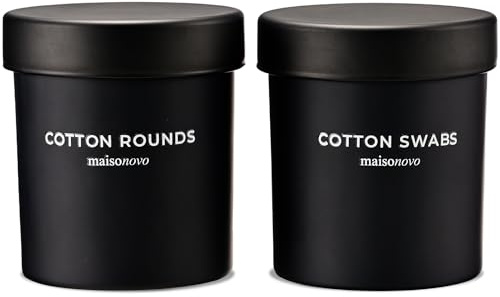 MaisoNovo Porta Bastoncillos De Algodón - Tarros Herméticos Para Guardar Bastoncillos De Algodón, Dispensador Discos Desmaquillantes, Caja Para Guardar Maquillaje - 2 Tarros Negros Con Tapa De Cristal