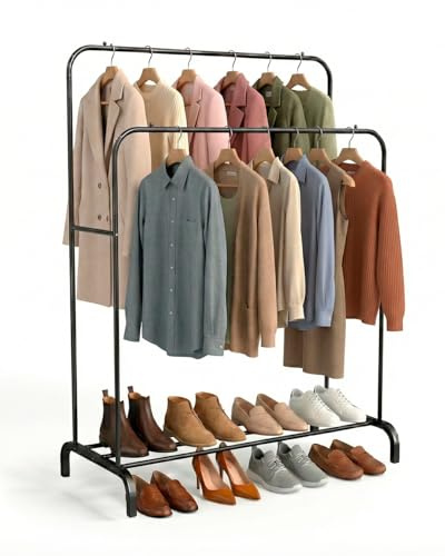 unycos - Burro de Ropa, Perchero con Doble Barra | 110x54x(130 y 148) cm | Colgador de Hierro Robusto con Soporte para Zapatos, Organizador de Dormitorio, Vestidor Abierto, Montaje Fácil (Negro Mate)