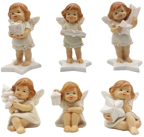 Logbuch-Verlag Angioletti decorativi, 6 pezzi: statuine natale sedute e in piedi, decorazioni natalizie casa, figure angelo con stella albero e regalo, addobbi natalizi interni eleganti, 5–8 cm