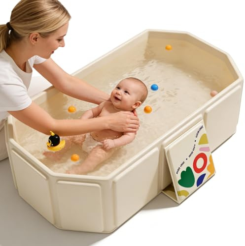 GOEDCH Bañera plegable para niños de 75 x 45 x 25 cm, beige, portátil, plegable, bañera grande para niños pequeños con válvula de drenaje para 0-8 años, bañera integrada para niños