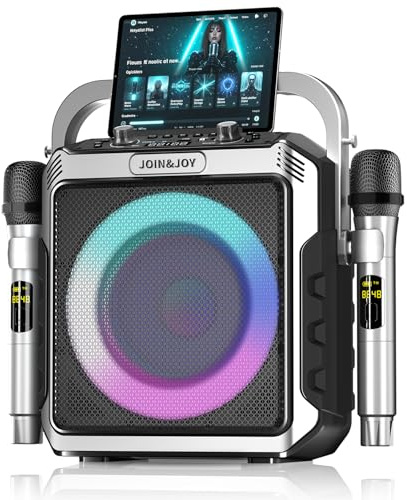 Portable Karaoke Machine, with Wireless Microphones, Bluetooth Party Speaker with LED Lights, Loud Subwoofer, USB/AUX, Outdoor Karaoke Speaker for Adults & Kids, Matte Silver