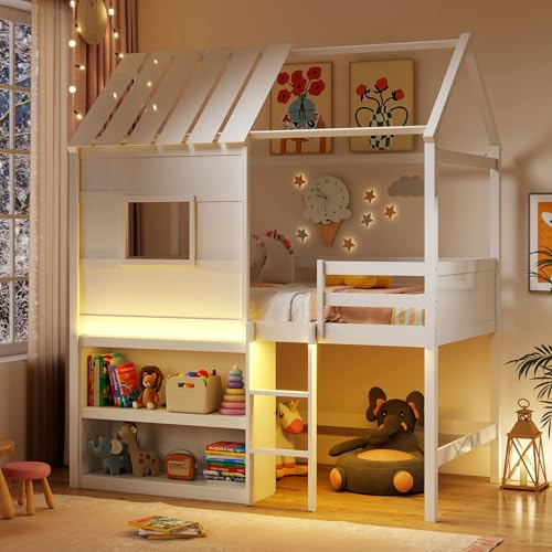Giantex Twin Size House Loft Bed, Low Loft Bed with Roof, Window, LED Lights & Storage Bookshelf, Solid Wood Bedframe w/Ladder, Safety Guardrail, Under-Bed Play Space for Kids Boys Girls, White