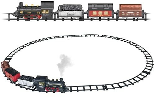 Voie de Train à Vapeur pour Enfants, Piste électrique avec lumières, Sons et Effet de fumée réaliste, Voie de 4 mètres avec Locomotive et 3 Wagons, à partir de 36 Ans
