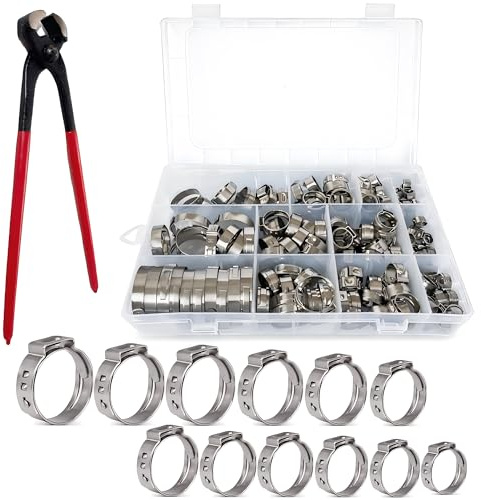 WIRSHO Set di 180 fascette stringitubo a orecchio singolo | 12 misure (5,3 – 33,1 mm) | Morsetti a morsetto con pinza in acciaio inox 304 regolabile per automobili, industrie, casa, attrezzature