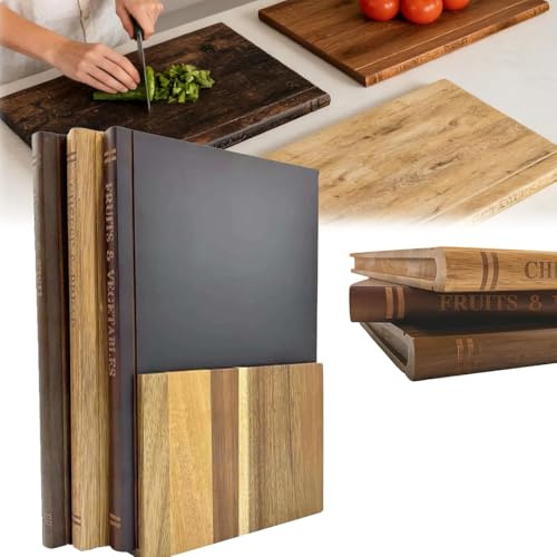 Tabla de Cortar de Madera para Cocina, Juego de Libros de Biblioteca, Tabla de Cortar de Doble Cara con Soporte, Tabla para Picar Carne, Verduras y Frutas(Marrón)