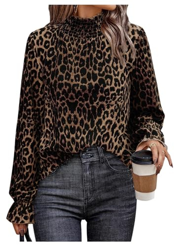 GORGLITTER Women's Leopard Print Frilled Mock Neck Blouses Ruffle Long Sleeve Elegant Going Out Shirts