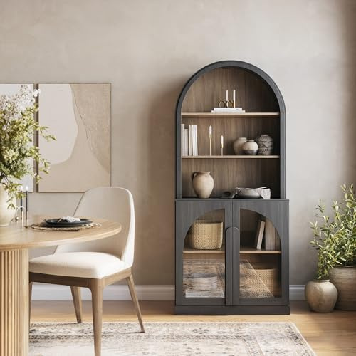 BELLEZE Arched Bookshelf with Glass Doors, 71 Tall Wood Display Cabinet with Adjustable Shelf and Hutch, 5 Tier Modern Bookcase Shelf with Storage for Living Room Office, Ebony