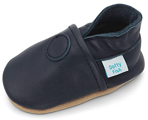 Dotty Fish Unisex Soft Leather Baby & Kids Shoes - Barefoot, Non-Slip Suede Sole, Podiatrist Recommended, Lightweight, Flexible, Breathable, British Brand – Classic Plain Navy – 12-18 Months
