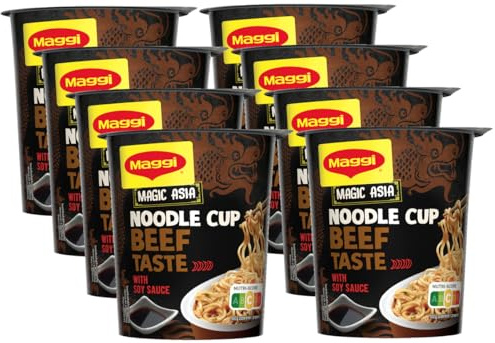 MAGGI Magic Asia Noodle Cup Beef, leckeres Fertiggericht in Brühe mit Rind-Geschmack und Gemüse im praktischen Becher, 8er Pack (8 x 63g)