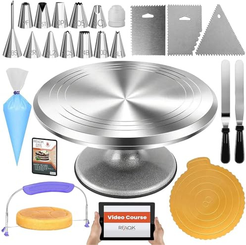 Set professionale per la decorazione di torte, 50 pezzi, con piatto girevole, con spatola dritta e angolata, 7 beccucci per glassa e sac à poche per decorazioni e tagliatorta con filo