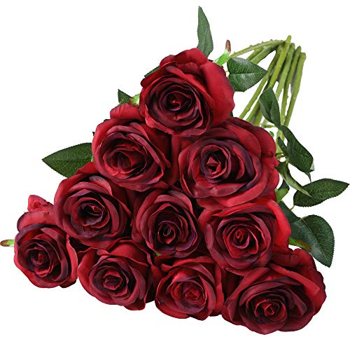 Nubry künstliche Seidenrose Blume einzigen Stiel lebensechte gefälschte Rose für Hochzeit Blumenstrauß Blumenarrangements Home Party Centerpiece Dekoration, 10pcs (Gradient dunkelrot)