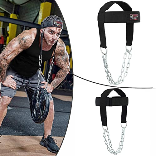 Neck Harness Weight Lifting by Athletics Gear – Fully adjustable, Handcrafted Multi-directional Triple-Layer with 28” Steel Chains & D-Shackle (Black)