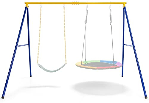 COSTWAY Metal Swing Stand for 2 Swings, A-Frame with Ground Stakes, Carabiners & Foot Caps (Yellow+Navy)