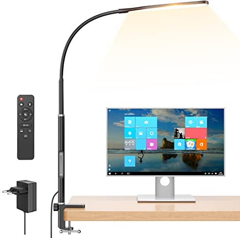 anyts LED Schreibtischlampe Klemmbar, Stufenlos Dimmbar Architektenlampe Schreibtisch mit Schwenkarm, Fernbedienung, 4 Farbtemperaturen Arbeitsleuchte für Büro
