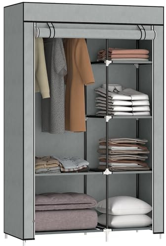 HOMCOM Fabric Wardrobe, Portable Wardrobe with 6 Shelves, 1 Hanging Rail, Foldable, 103 x 43 x 162.5 cm, Light Grey