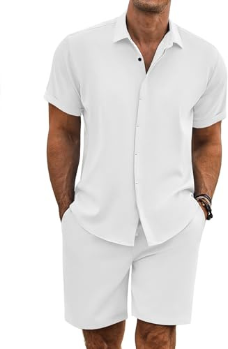 COOFANDY Tenues de plage d'été 2 pièces pour homme - Chemises et shorts à manches courtes - Texture de vacances - Ensembles en lin pour homme