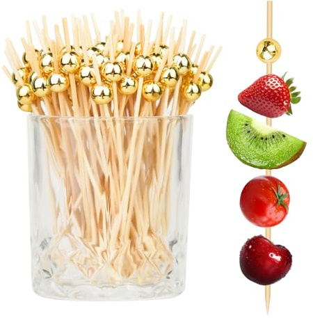 200PCS Cocktail Picks, Fancy Toothpicks for Appetizers, Decorative Skewers for Appetizers Drinks Party Fruit, 4.7 Inch Long Wooden Bamboo Gold Ball Food Sticks Charcuterie Boards Accessories