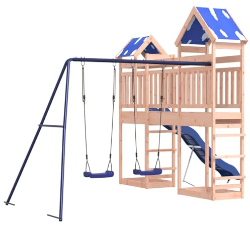 vidaXL Play Tower, Climbing Frame with Bridge Swings Slide, Children's Climbing Tower Play Accessories for Garden, Wooden Playground Playhouse, Solid Wood Douglas Fir