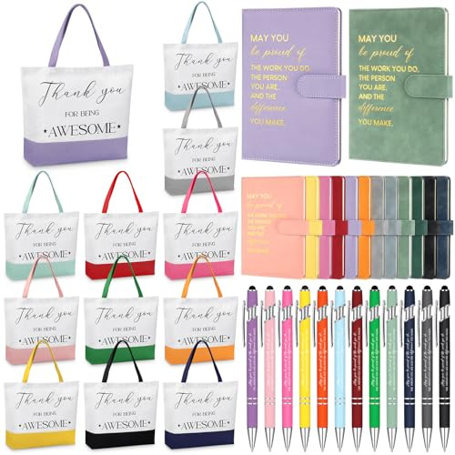 Paterr 12 Set Employee Appreciation Gifts Bulk Include Motivational Canvas Tote Bags A5 Leather Journal Notebooks Inspirational Pens Gift for Employees Coworkers Teachers Teams(Colorful,Motivational)