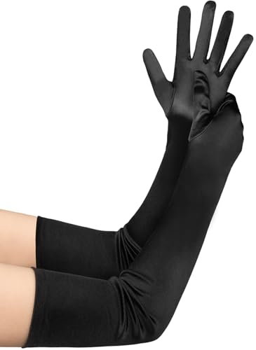 Lange Handschuhe Damen Elegant, Satin klassisch Abendhandschuhe 1920er Handschuhe für Frauen Mädchen Classic Oper Party Halloween Karneval Fasching Fest Kostüm Satinhandschuhe (Schwarz, 55 cm)