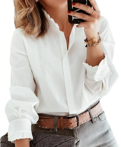 QXE Women's Dressy Casual White Solid Button Down Blouses Business Long Sleeve Tops Ruffle V Neck Work Shirts 2025 Outfits