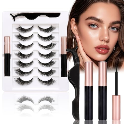 Magnetic Eyelashes Kit - 7 Pairs 3D Lashes & 2 Black Liners, Reusable, Waterproof, Easy Application for Natural Look