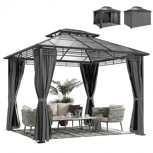 Outsunny Gartenpavillon ca. 3,6x3m Aluminium Pavillon mit 6 mm Polycarbonat-Doppeldach Moskitonetz 4 Seitenteile, Wasserabweisend Stabil Outdoor Pergola mit Hardtop Haken Dunkelgrau