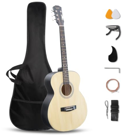 Glarry 4/4 Full Size Acoustic Guitar Pack for Beginners, Natural | Basswood Body, Steel Strings, Complete Starter Kit with Bag Strap Picks Capo, for Kids Teens Adults