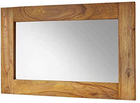 MASSIVMOEBEL24.DE Spiegel Nature Brown, Wandspiegel mit Holzrahmen aus vollmassivem Sheesham braun geölt, großer Holzspiegel